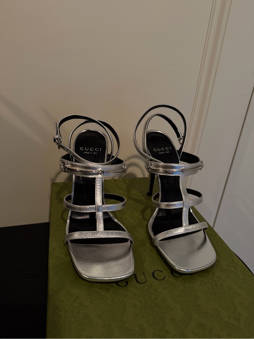 Gucci Metallic Silver Multi-Strap Stiletto Sandals